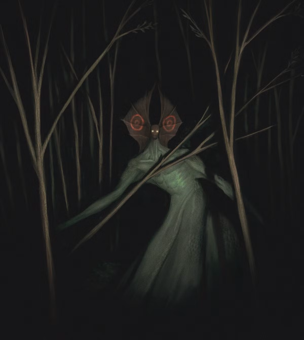 3. Quái vật Flatwoods: Nổi tiếng từ sự xuất hiện tại thị trấn Flatwoods, bang Braxton, Virginia vào năm 1952, được mô tả là một sinh vật khổng lồ có hình dáng kỳ lạ, đầu hình trái tim và ánh sáng đỏ phát ra từ mặt.