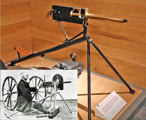 6. Súng liên thanh Maxim: Phát minh năm 1884 bởi Hiram Maxim, súng này thay đổi chiến tranh với khả năng bắn liên tục. Mặc dù bị loại bỏ bởi vũ khí hiện đại hơn, nó vẫn được dùng trong Thế chiến thứ nhất.