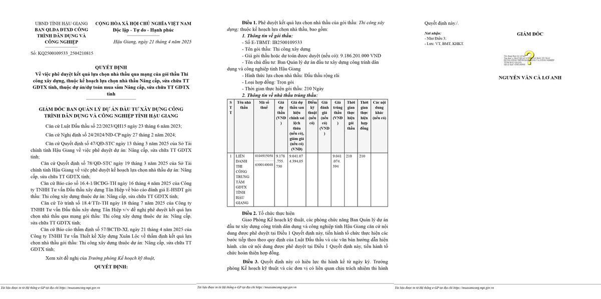 Lien danh 2 thanh vien trung goi sua chua nang cap Trung tam GDTX tinh Hau Giang