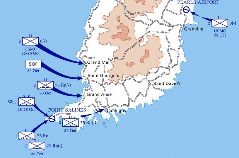 Về phía Grenada, chỉ có tổng cộng 1200 quân địa phương, khoảng 800 lính Cuba, một vài chuyên gia, cố vấn quân sự tới từ Triều Tiên, Liên Xô, Đông Đức và các nước Xã hội Chủ nghĩa khác với số lượng ít ỏi. Ảnh: Sơ đồ tấn công tổng lực của các lực lượng Thủy quân Lục chiến và Lục quân Mỹ vào xâm lược Grenada. Nguồn ảnh: Wiki.