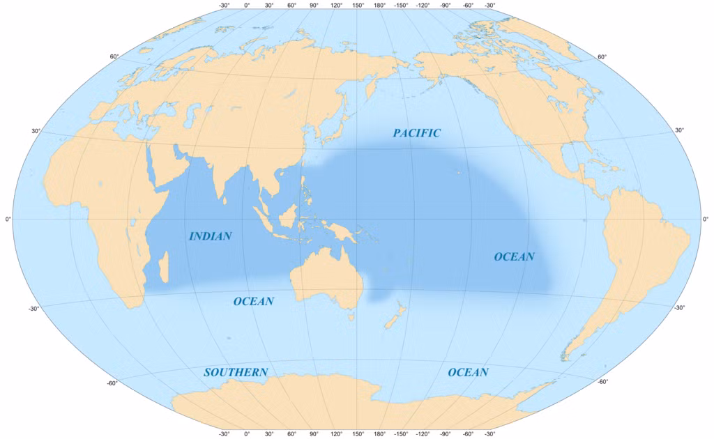 Vùng biển Ấn Độ - Thái Bình Dương (màu xanh đậm) trải dài từ quần đảo Hawaii tới tận vùng biển châu Phi. Ảnh: Wiki.
