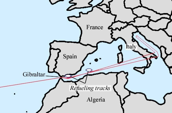 Bản đồ tuyến bay vào Địa Trung Hải của các máy bay B-52 cất cánh từ Mỹ. Cần phải nhắc thêm, trong thời gian diễn ra chiến dịch, các máy bay B-52 vẫn được xếp vào hàng tuyệt mật và chỉ được phép hạ cánh trên đất Mỹ. Nguồn ảnh: Wiki.