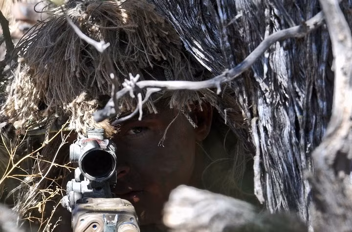 Lính bắn tỉa Mỹ trong khóa huấn luyện ngụy trang, phát hiện, theo dõi và tiêu diệt mục tiêu.