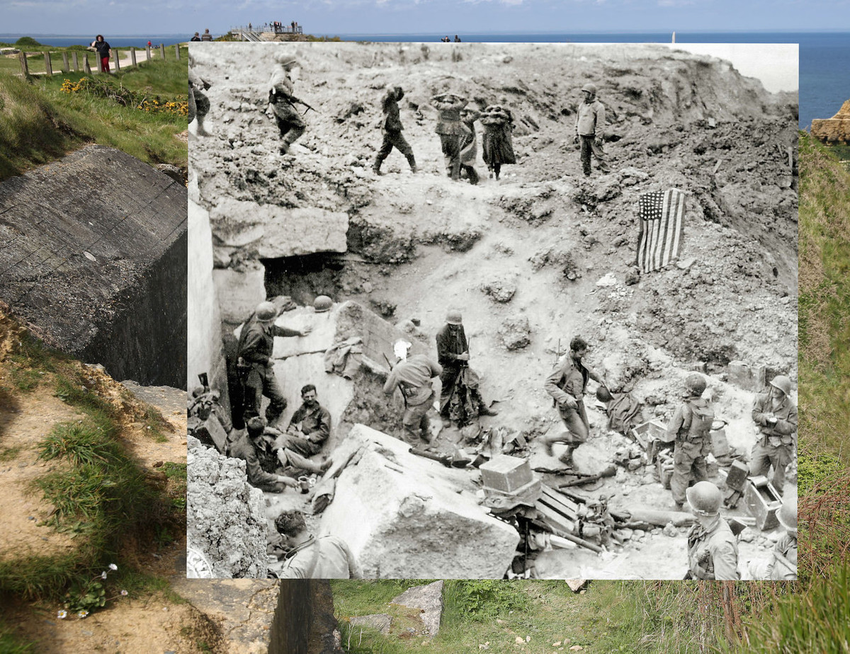 Một góc boong-ke của Đức ở Pointe du Hoc, Pháp, tan hoang đổ nát sau khi bị lực lượng đặc nhiệm lục quân Mỹ tấn công. Thực tế, Point du Hoc chỉ là trận địa pháo giả của Đức nhưng Đồng minh đã tốn rất nhiều sinh mạng để tấn công vào trận địa giả này. Nguồn ảnh: BI.