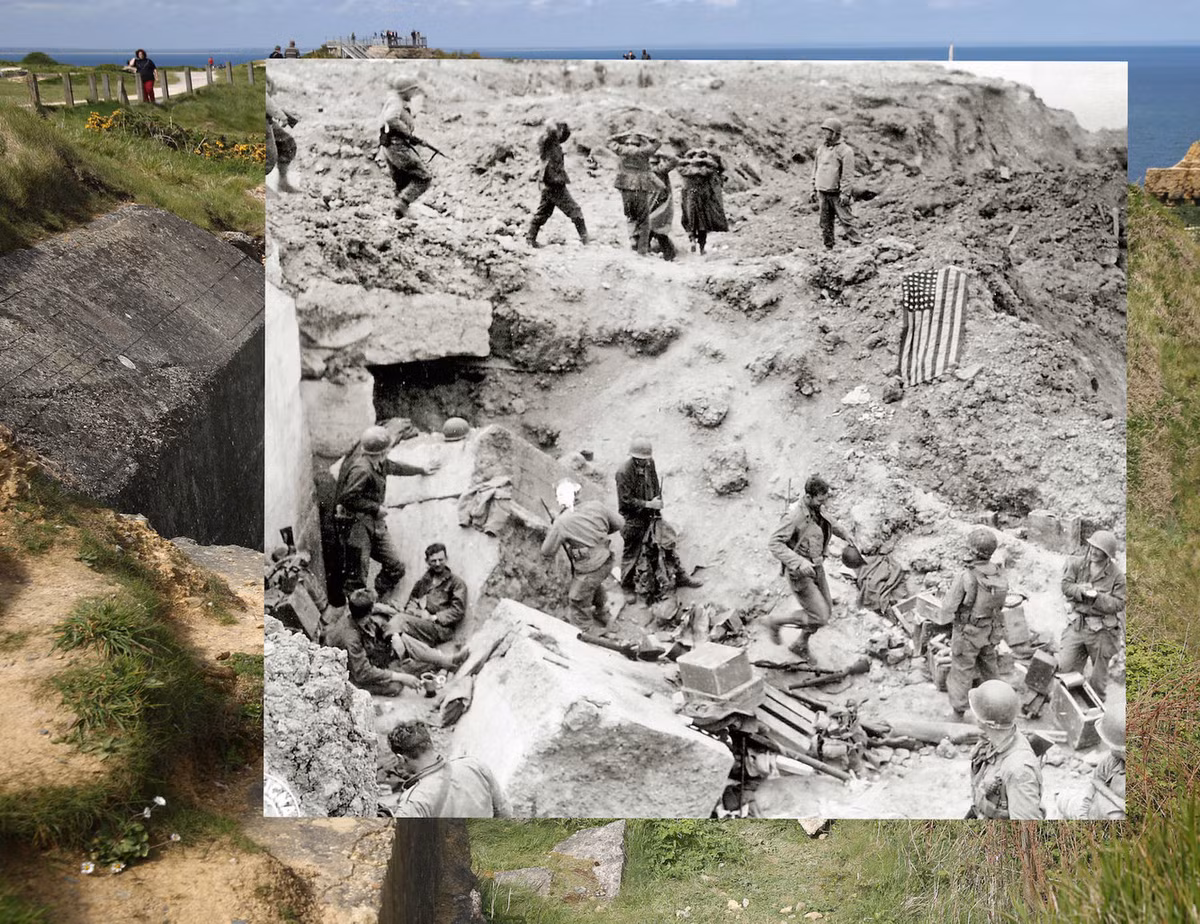 Một góc boong-ke của Đức ở Pointe du Hoc, Pháp, tan hoang đổ nát sau khi bị lực lượng đặc nhiệm lục quân Mỹ tấn công. Thực tế, Point du Hoc chỉ là trận địa pháo giả của Đức nhưng Đồng minh đã tốn rất nhiều sinh mạng để tấn công vào trận địa giả này. Nguồn ảnh: BI.