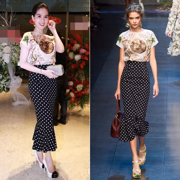 Ngọc Trinh từng thừa nhận bản thân chỉ diện mẫu áo hàng hiệu của Dolce &amp;Gabbana, còn chân váy chấm bi thì được biến tấu phù hợp với vóc dáng của cô.