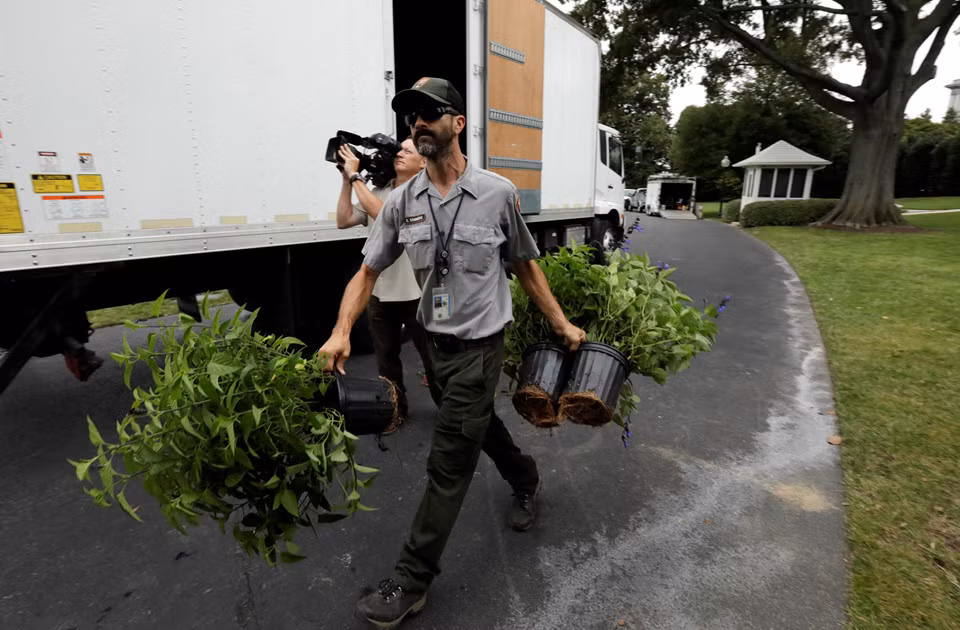 Người làm vườn của Cục Công viên Quốc gia Mỹ mang hoa đến cho vườn của Nhà Trắng.