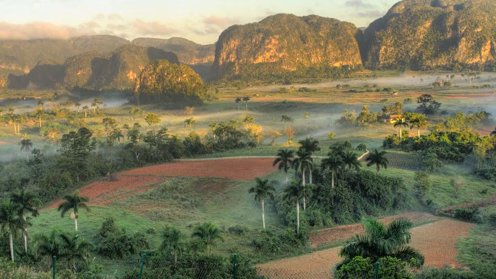  3. Thung lũng Vinales ở Cuba. Thung lũng Vinales có diện tích 132km2 nằm cách Thủ đô Havana khoảng 160km. Được bao quanh bởi các dãy núi đá vôi và những kỳ quan huyền bí như các vết nứt, các hố đào và hang động ngầm tự nhiên. Cả một vùng thung lũng ngập trong màu xanh của rừng cọ, của những ruộng thuốc lá xanh biếc, phía xa là dãy núi Sierra de Vinales dựng đứng như bức tường cũng phủ màu xanh cây lá. Bên cạnh đó thung lũng còn mang vẻ đẹp như một vùng đất cổ tích nhờ vẻ đẹp của các trang trại, làng mạc được xây dựng theo kiến trúc vernacular.