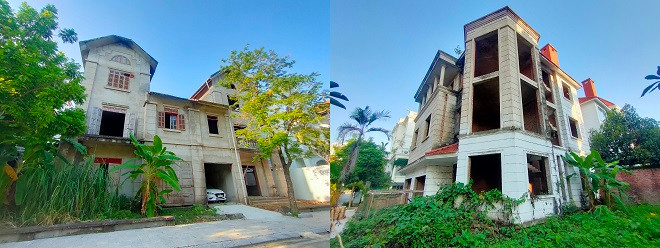 Những căn biệt thự hàng trăm mét vuông với kiểu dáng thiết kế rất đẹp, nhưng cỏ dại, dây leo bao trùm trông rất nhếch nhác. 