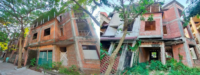 Ngoài những ngôi biệt thự đã hoàn thiện mang kiến trúc sang trọng, còn nhiều căn mới chỉ xây xong phần thô rồi bỏ hoang nhiều năm. Phía bên ngoài, tường gạch đã bị xuống cấp theo thời gian, phủ đầy rêu mốc. 