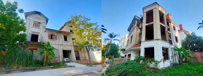 Những căn biệt thự hàng trăm mét vuông với kiểu dáng thiết kế rất đẹp, nhưng cỏ dại, dây leo bao trùm trông rất nhếch nhác. 