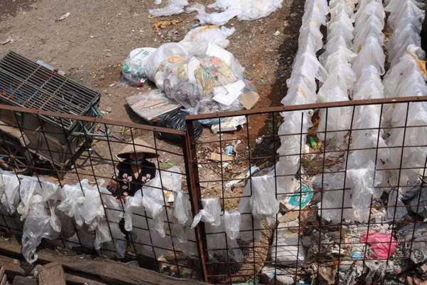 Những túi nilon rác được giặt và phơi lên để tái sử dụng.