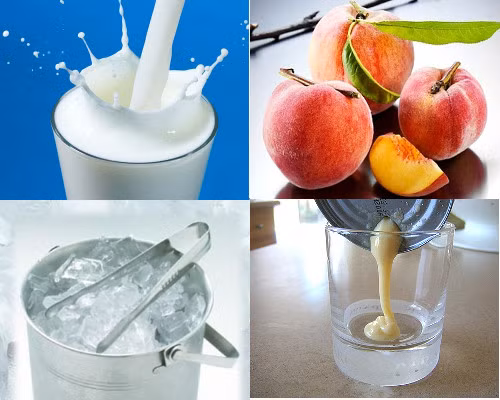  Cách làm sinh tố đào theo công thức sau: 500g đào chín, 200ml sữa tươi, vài thìa sữa đặc có đường, đá bào hoặc đá viên. Ảnh: media