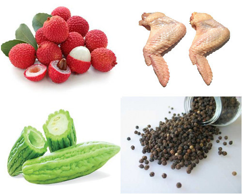 Nguyên liệu cho món canh vải thiều gồm có 10 quả vải thiều tươi; 1 quả mướp đắng; 2 cánh gà. Ngoài ra còn có các gia vị khác như gừng, bột canh, bột ngọt, hạt tiêu, rượu gạo, nước tương… Ảnh: phunuonline