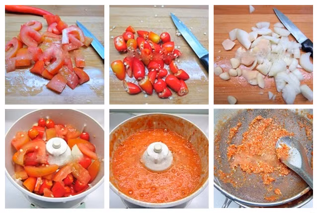 Cho cà chua, ớt, hành tây và 1/2 chén nước vào máy xay sinh tố, xay nhuyễn. Lọc hỗn hợp ớt qua rây lấy phần nước, bỏ bã, cho ra tô. Đổ hỗn hợp nước vào nồi, bắc lên bếp, nấu sôi nhỏ lửa khoảng 15-20 phút. Ảnh: cooky.vn.