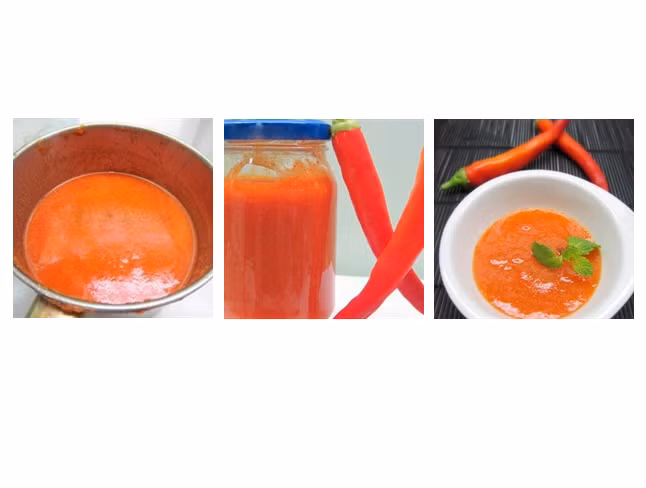 Khi hỗn hợp vừa sôi, cho tỏi băm, đường trắng, muối, bột năng vào, khuấy đều, nấu thêm 5 phút. Cho tương ớt vào hũ thủy tinh, đậy kín nắp. Ảnh: cooky.vn.