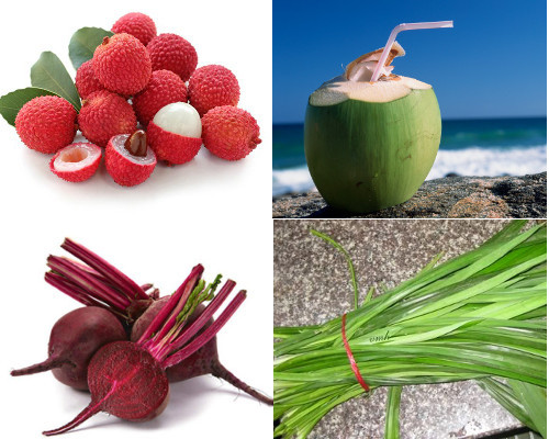 Nguyên liệu để làm món chè vải thạch dừa gồm có 20 quả vải tươi, 30ml nước dừa, 20g bột thạch, lá dứa, củ dền, nước, đường. Ảnh: meohaymoingay