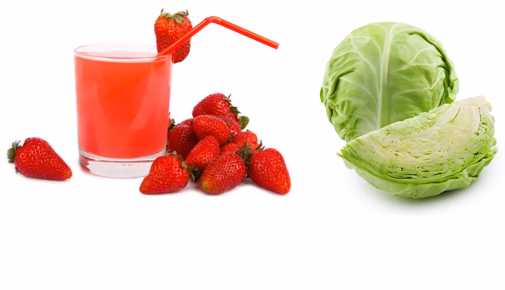 Loại bỏ mụn trứng cá, nốt sần trên da với nước ép bắp cải + dâu tây. Loại sinh tố này là bước đầu tiên bạn nên thực hiện trong thực đơn làm đẹp da với sinh tố. Cách làm: dâu tây, bắp cải rửa sạch, chanh gọt vỏ. Tất cả cho vào máy ép trái cây ép lấy nước rồi trộn với sữa chua. 