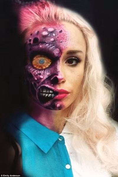 Emily Anderson đến từ California đã chứng tỏ sức mạnh của mỹ phẩm khi hóa thân thành những sinh vật đáng sợ với các sản phẩm làm đẹp và sơn trên cơ thể.