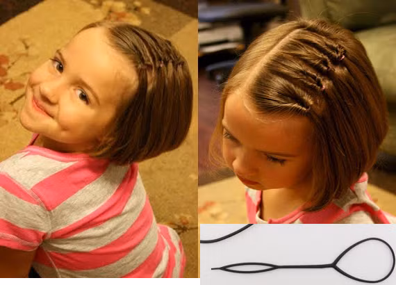 Với những bé tóc ngắn, mẹ cũng có thể tạo hình được rất nhiều kiểu tóc. Đây là kiểu tóc rất dễ. Mẹ lấy 2 lọn tóc nhỏ và dùng dụng cụ làm tóc để tạo thành hình xoắn. Làm một bên khoảng 4 lọn là bé đã có mái tóc ngắn thật ấn tượng này.