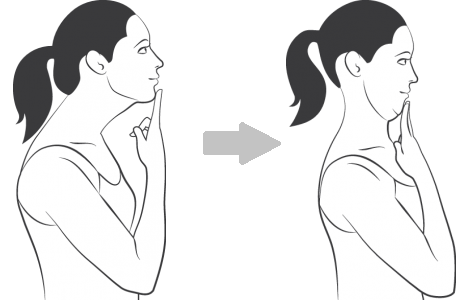 4. Tập các bài thế dục để tăng khả năng chịu lực cho vùng cơ cổ, lưng. Đứng thẳng, đẩy đầu ra phía trước, giữ khoảng 3-5 giây rồi thu đầu lại hết mức, cằm hơi cúi thấp, giữ yên từ 3-5 giây. Lặp lại động tác này 10 lần. 