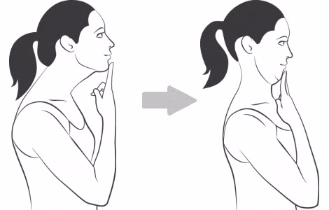 4. Tập các bài thế dục để tăng khả năng chịu lực cho vùng cơ cổ, lưng. Đứng thẳng, đẩy đầu ra phía trước, giữ khoảng 3-5 giây rồi thu đầu lại hết mức, cằm hơi cúi thấp, giữ yên từ 3-5 giây. Lặp lại động tác này 10 lần. 