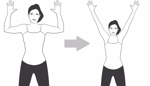 Đứng thẳng, lưng áp vào tường, hai tay đưa lên như tư thế "giơ tay đầu hàng". Giữ nguyên 3 giây rồi gập gối, hạ thấp trọng tâm, hai tay đưa cao lên trời. Lưu ý lúc hạ thấp trọng tâm, đầu, lưng và hông vẫn luôn giữ thẳng, áp vào tường. Tập động tác này 10 lần.