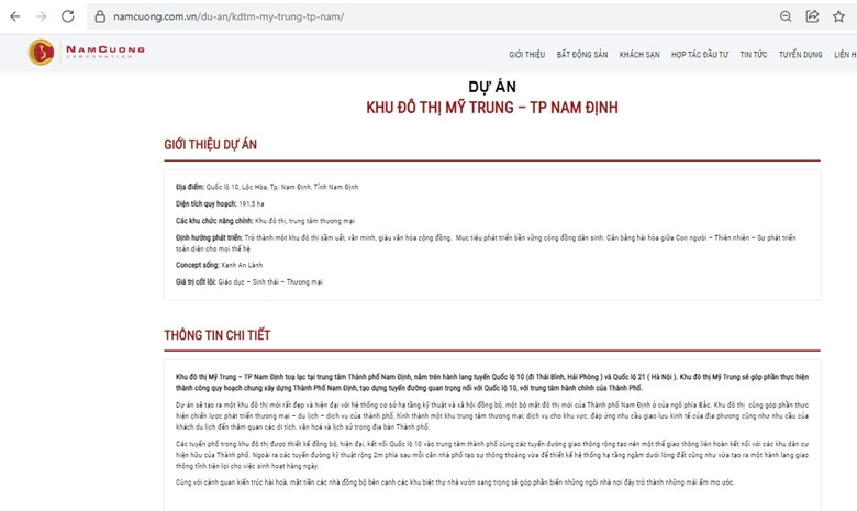 Trên website của Công ty CP Tập đoàn Nam Cường giới thiệu, dự án khu đô thị Mỹ Trung có diện tích gần 200ha, có vị trí tại trung tâm TP Nam Định (tỉnh Nam Định), nằm trên hành lang tuyến đường Quốc lộ 10 (đi Thái Bình, Hải Dương, Hải Phòng) và Quốc lộ 21 (đi Hà Nam, Hà Nội). (Ảnh: Chụp màn hình).