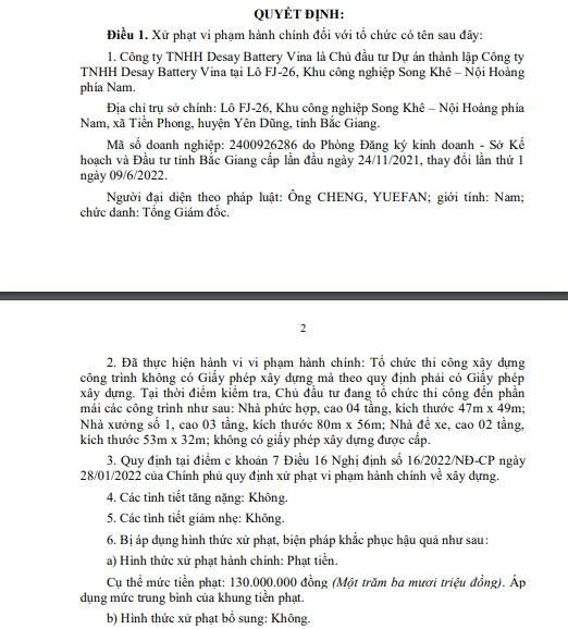 Bắc Giang: Cty Desay Battery Vina bị phạt xây dựng không phép Bac Giang: Cty Desay Battery Vina bi phat xay dung khong phep