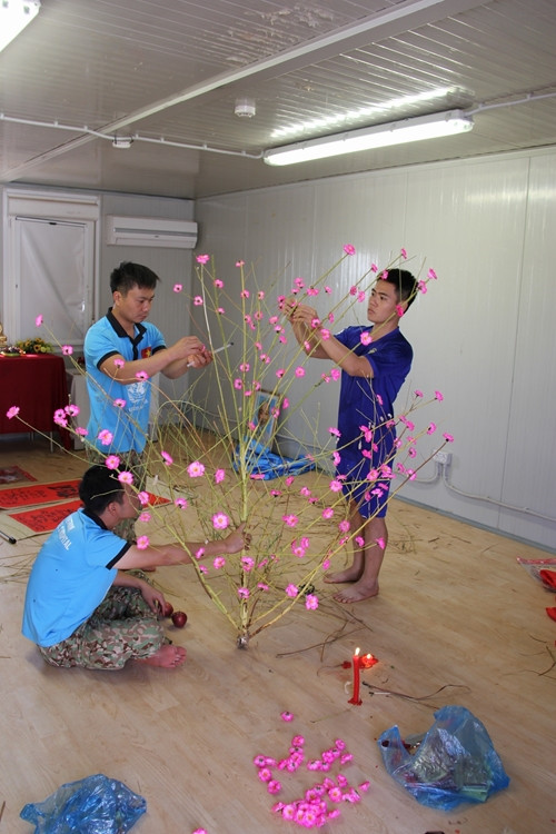 Cán bộ, bác sĩ BVDC2.1 tự gắn hoa giấy, hoa nhựa thay cho cành đào đón Tết.