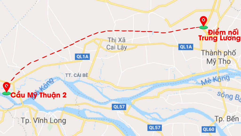 Sơ đồ dự án cao tốc Trung Lương - Mỹ Thuận. Ảnh. Google Maps.