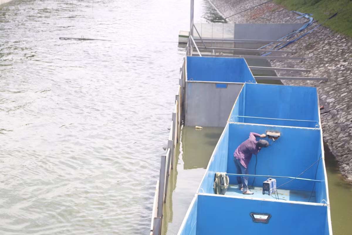 Theo ghi nhận của phóng viên, tại khu vực thí điểm sạch sông Tô Lịch bằng công nghệ Nano-Bioreactor, các công nhân tranh thủ vệ sinh máy lọc.