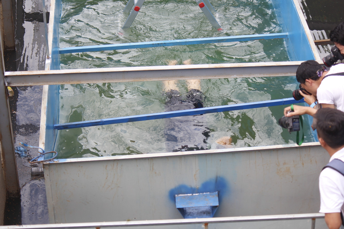 "Khi tắm, tôi không còn ngửi thấy mùi hôi của nước thải sinh hoạt nữa, nước gần như không còn mùi. Về độ trong, chúng ta có thể thấy gần đạt độ như nước đóng chai đang bày bán trên thị trường", ông Kubo Jun nhận xét.