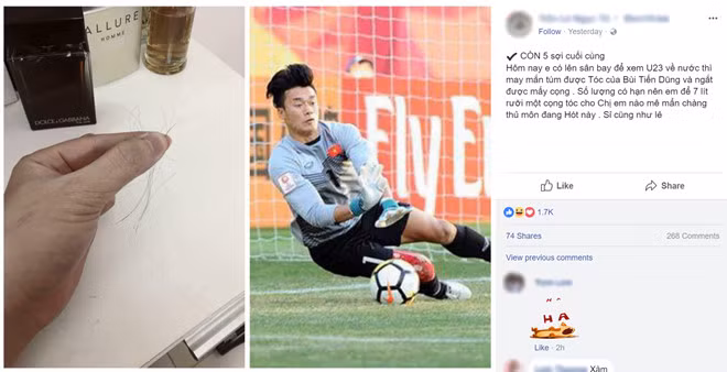 5 sợi tóc được cho là ngắt từ đầu của Tiến Dũng được bán với giá 750.000 đồng một sợi. Ảnh: Facebook "Trần ** **** **".