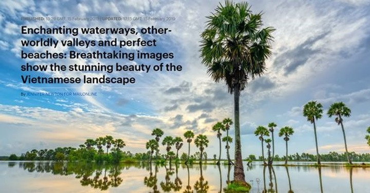 "Những dòng kênh, những thung lũng quyến rũ, những bãi biển hoàn hảo: Những bức ảnh đẹp đến nín thở đã để hiện vẻ đẹp ấn tượng của phong cảnh Việt Nam". Dòng giới thiệu trên bức ảnh chụp cảnh bình minh rực rỡ tại Đồng bằng Sông Cửu Long, Việt Nam.