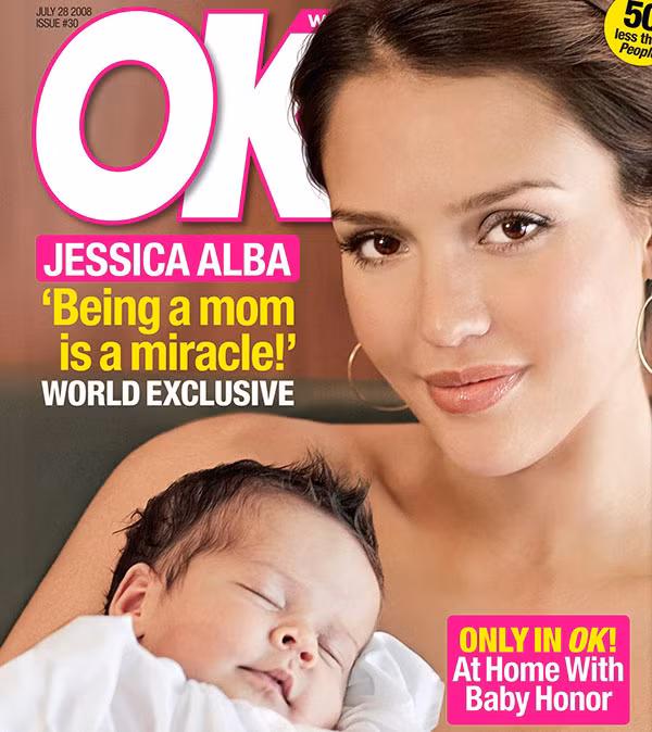 Nắm bắt được thực tế là nhiều người tò mò muốn biết mặt con trai đầu lòng của Jessica Alba và Cash Warren như thế nào, tạp chí OK! đã mua lại quyền phát hành ảnh con của ngôi sao này với giá 1,5 triệu USD. (Ảnh: OK!)