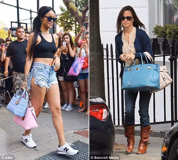 Rihanna mang chiếc túi Dior giá hơn 5000 bảng cùng chiếc túi Hermes Birkin. Pippa Middleton đeo hai chiếc túi LK Bennett tote giá 250 bảng. (Ảnh: SMG, Barcrott Media)