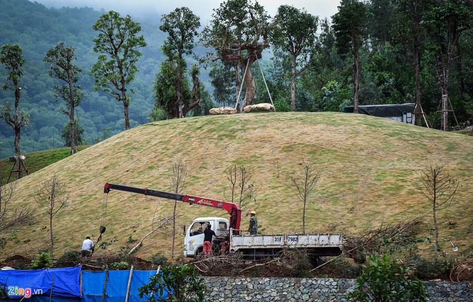 Công nhân xây dựng, trồng cây cảnh trong khuôn viên Hoàng Lê Gia Garden bất chấp lệnh cấm.