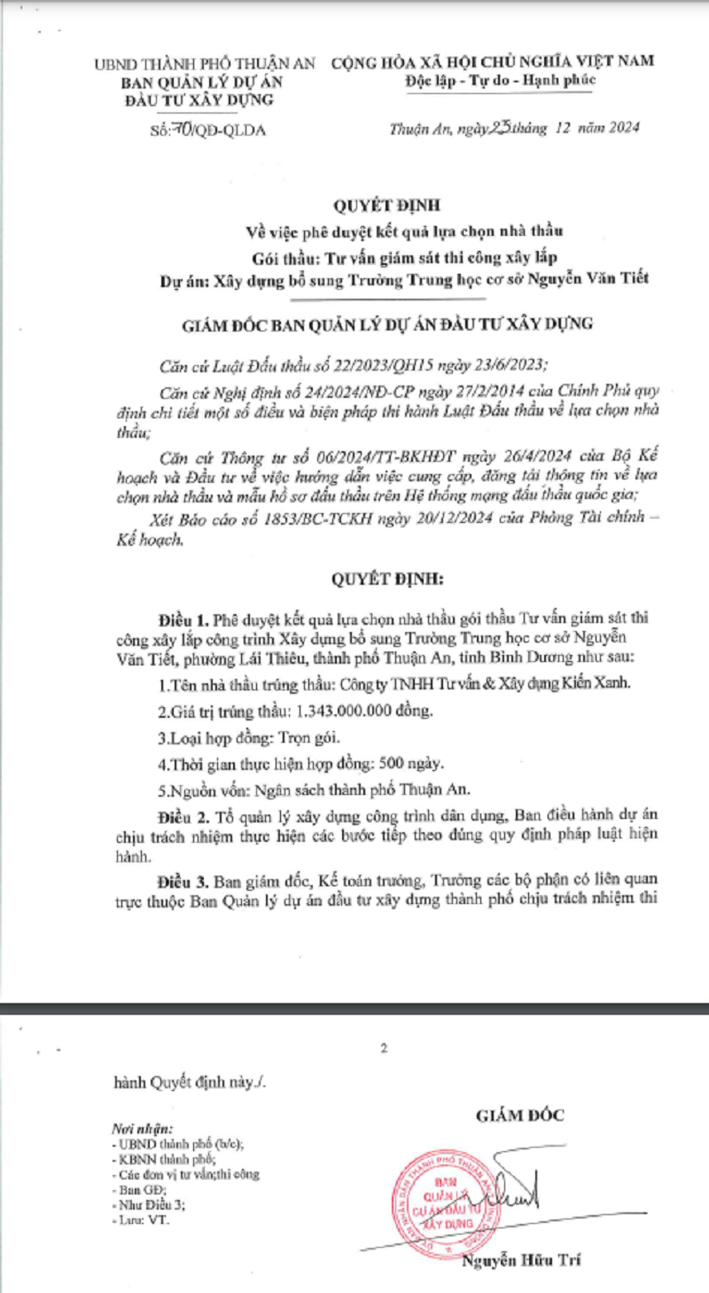 Binh Duong: Cty Kien Xanh trung goi giam sat xay dung truong Nguyen Van Tiet