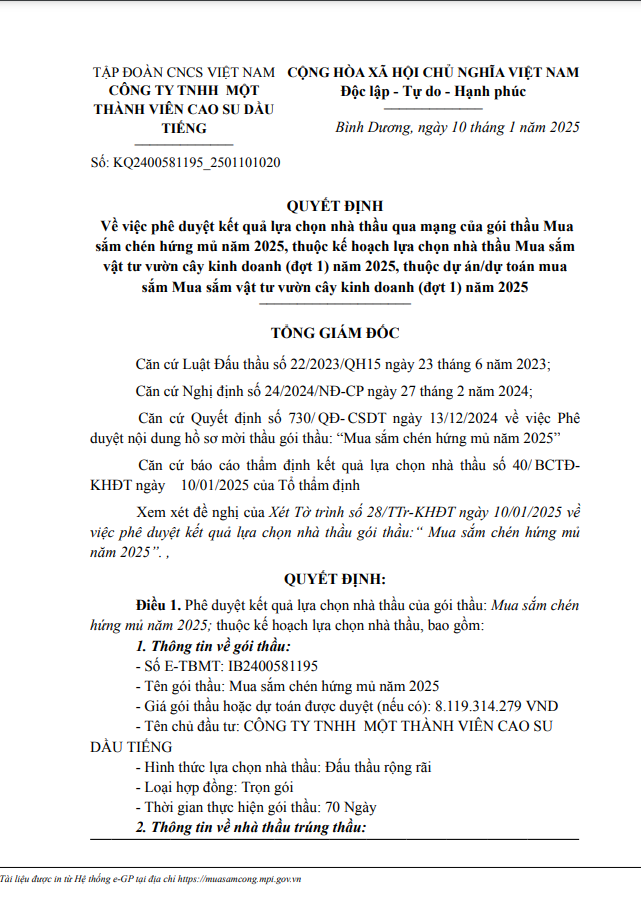 Cty Cao su Dau Tieng da tim duoc nha thau cung cap chen hung mu cao su