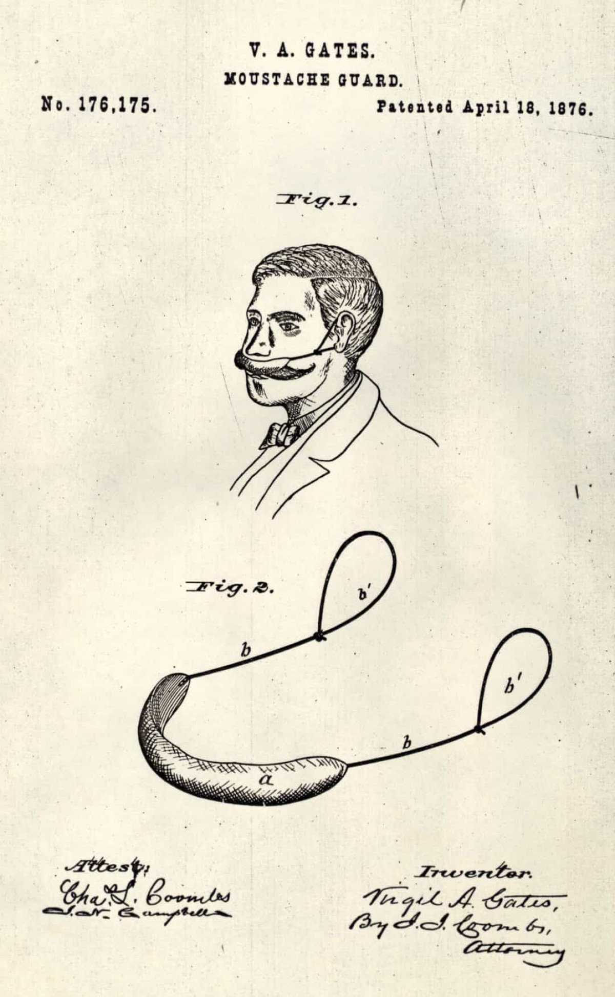 Tấm chắn ria mép được thiết kế để giữ cho bộ râu không bị lộ ra ngoài khi ăn. Phát minh này được cấp bằng sáng chế bởi Virgil A. Gates vào năm 1876.