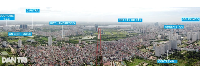 Khoảng cách từ 1,2km đến đường là các dự án như Ciputra, Ecohome, Handiresco, Ngoại giao đoàn, Tây Hồ Tây, Thành phố Giao lưu... Những dự án này có thể hưởng lợi lớn sau khi tuyến đường Tây Thăng Long đi vào hoạt động.