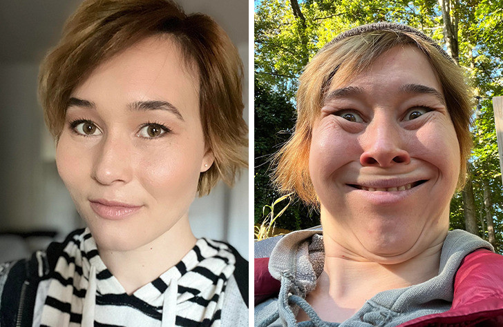 "Khuôn mặt tôi khi trang điểm theo phong cách "không trang điểm" và "không trang điểm thật".