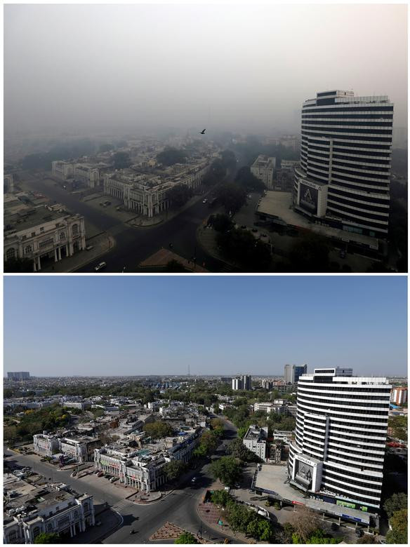 Một bức ảnh khác chụp tại thủ đô New Delhi, Ấn Độ, cho thấy sự khác biệt về tình trạng ô nhiễm không khí trước và sau khi dịch bệnh COVID-19 bùng phát.