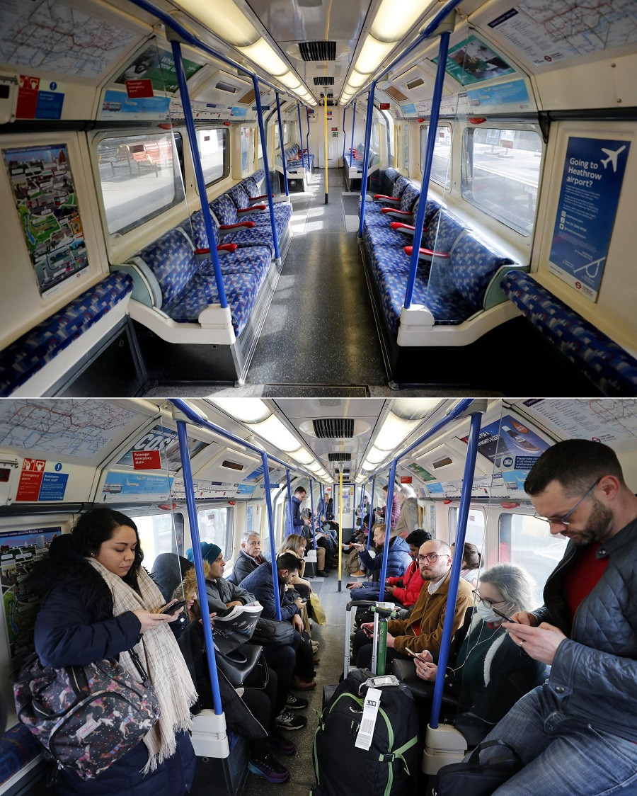 Chuyến tàu điện ngầm Piccadilly Line ở London rất đông hành khách ngày 17/3/2020 (ảnh dưới) và cảnh tượng vắng vẻ trên tàu hôm 2/4/2020 (ảnh trên) sau khi chính phủ áp lệnh phong tỏa đất nước. Ảnh: AP.