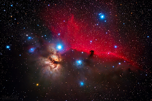 Tinh vân Đầu ngựa. Tinh vân Đầu ngựa là một phần của Tổ hợp Đám mây Phân tử Orion. Ngôi sao sáng nhất trong hình ảnh này thuộc vành đai của Orion, bên phải là đám mây đen của tinh vân Đầu ngựa. Giống như tinh vân Cone, sự hình thành khí này nuôi dưỡng các ngôi sao đang phát triển.