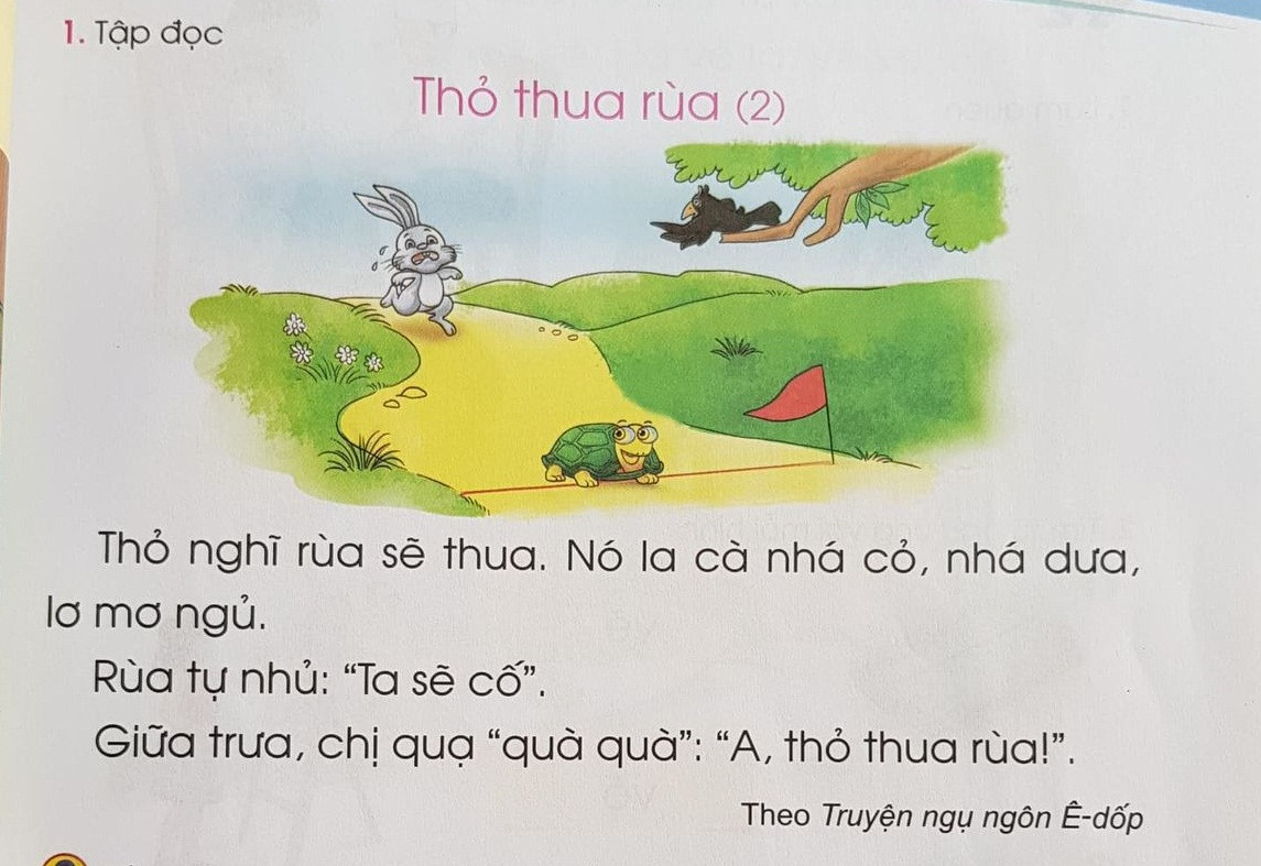 Trong truyện Rùa và Thỏ của Aesop không có nhân vật quạ. Nhưng trong sách giáo khoa của nhóm Cánh Diều tự dưng mọc ra một con quạ. Mà con này nó chỉ biết kêu "Quà quà".