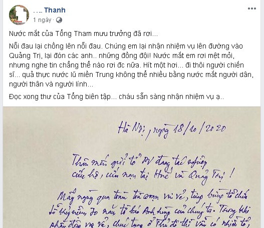 Trong suốt quá trình tác nghiệp, trên trang cá nhân, nữ phóng viên Phan Thanh Hà cũng bày tỏ tâm trạng của mình trước sự hi sinh của các đồng đội. Trong một dòng trạng thái, cô viết rằng: " Nước mắt của Tổng Tham mưu trưởng đã rơi...Nỗi đau lại chồng lên nỗi đau. Chúng em lại nhận nhiệm vụ lên đường vào Quảng Trị, lại đón các anh.. những đồng đội! Nước mắt em rơi mệt mỏi, nhưng nghe tin chẳng thể nào rơi đc nữa. Hít một hơi... đi thôi người chiến sĩ... quả thực nước lũ miền Trung không thể nhiều bằng nước mắt người dân, người thân và người lính...Đọc xong thư của Tổng biên tập... cháu sẵn sàng nhận nhiệm vụ ạ".