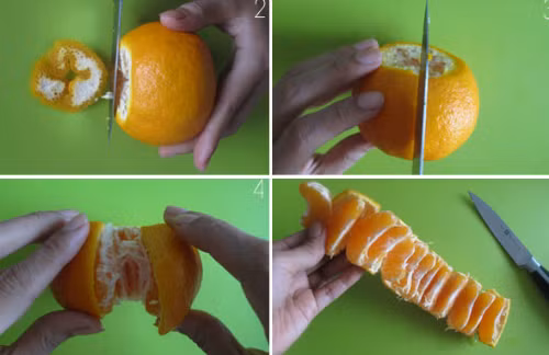  Cam. Bạn thường bóc cam, quýt bằng cách dùng tay bóc vỏ từ đầu núm. Có một cách dễ dàng hơn đó là dùng một con dao để cắt bỏ hai đầu, cắt một khe ở giữa và trải dài quả ra. 