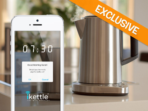 Ấm đun nước thông minh. Loại ấm đun nước thông minh iKettle có thể kết nối Wifi và đồng bộ với smartphone (cả iOS và Android) để chuyển tải những thông tin như nhiệt độ, thời gian sôi…